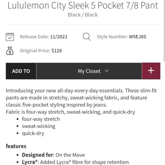 Lululemon City Sleek 5 Pocket 7/8 Pant Black size 27 - Picture 13 of 14
